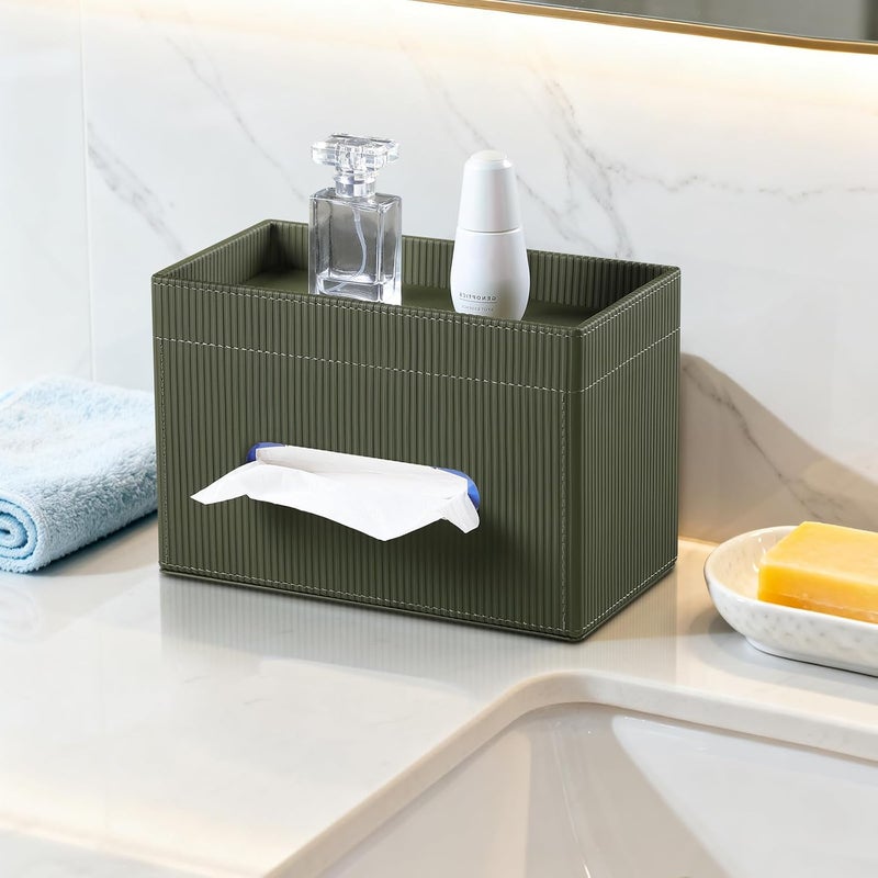 Cretkhp Rectangular Tissue Box Cover with Storage Tray, PU Leather Tissue Box Holder for Bathroom Vanity Countertop Night Stands Bedroom Office Desk, Stylish Tissue Holder Decorative Organizer (Green) - Image 5
